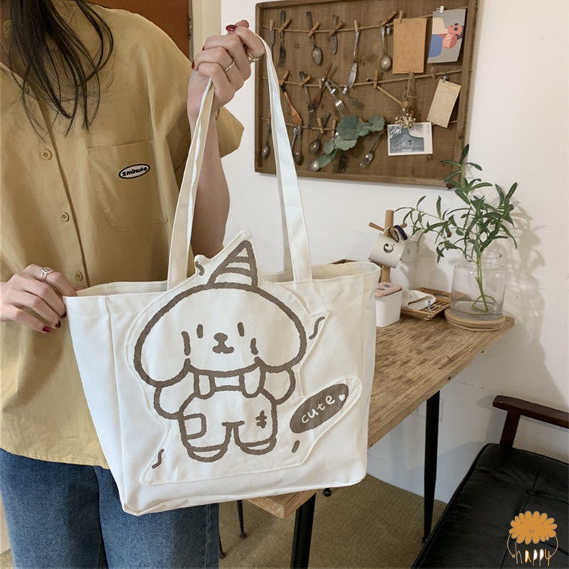Túi canvas đeo chéo cỡ lớn in hình chú chó đơn giản thời trang dành cho học sinh