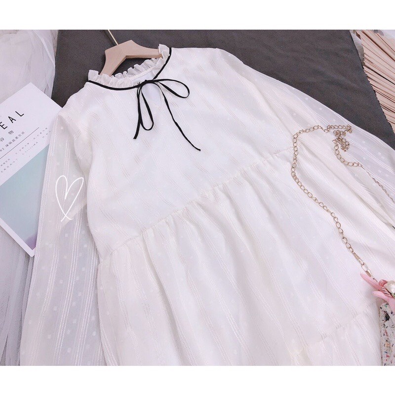 Váy babydoll voan hạt bông nơ cổ Junnie Closet Đầm xòe tay bồng đính hạt 2 màu be trắng | BigBuy360 - bigbuy360.vn