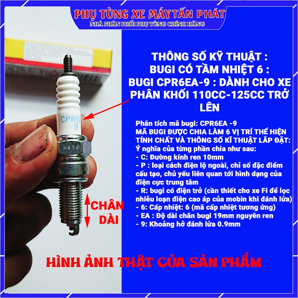 Bugi Chính Hãng NGK Thái Lan CPR6EA-9 (Chân Dài) Gắn Cho Các Xe Máy Future II, Winner , Wave rsx 110 , Blade RSX RSV....