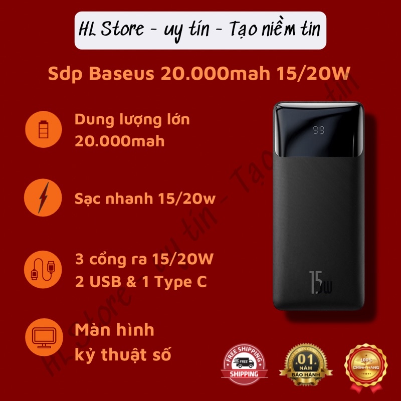 Sạc dự phòng Baseus chính hãng 20000mah hỗ trợ sạc nhanh 15W, màn hình kĩ thuật số.