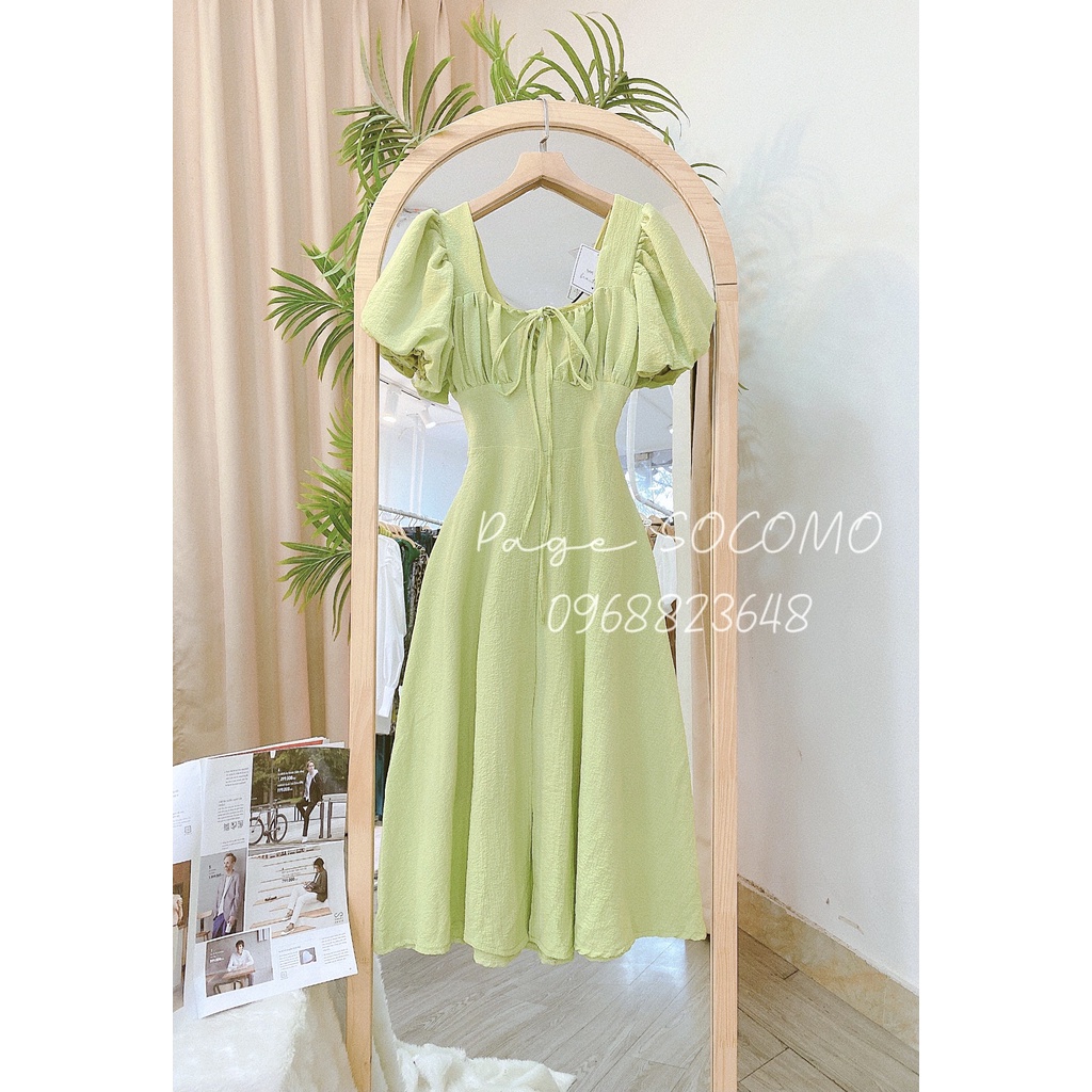 Đầm body,đầm tay phồng cổ U nhún ngực thắt dây cổ Socomo V352022 - Hàng loại 1, chất đẹp - Giá tốt