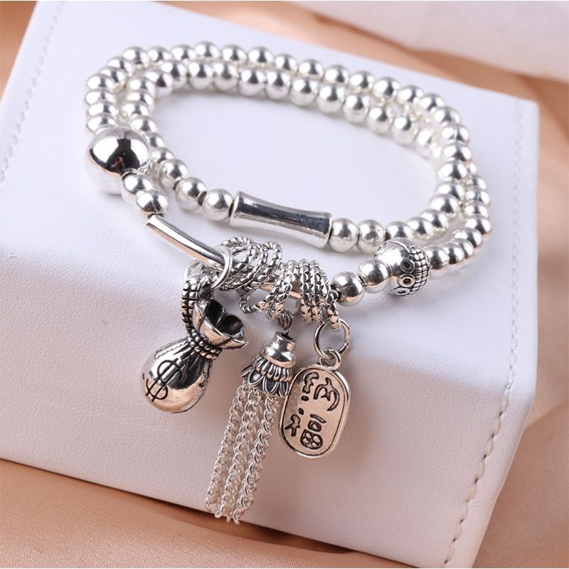 Vòng Tay Hai Lớp Dạng Xỏ Hạt Bạc Phối Tua Rua Hình Mèo May Mắn Phong Cách Tây Tạng Cho Nữ