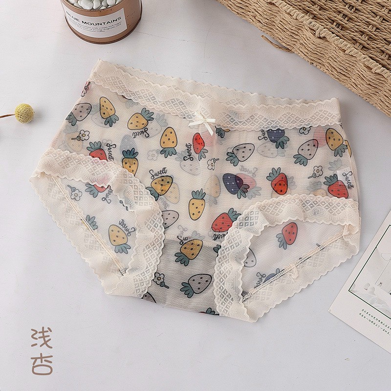 Quần Lót Lụa Viền Ren Phối Hoạ Tiết Hình Hoa Quả Cute