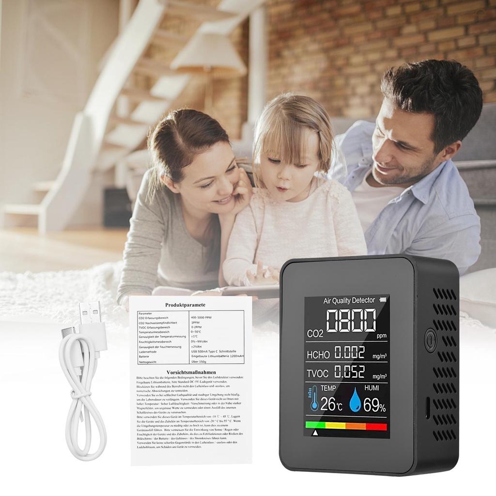 Máy Kiểm Tra Chất Lượng Không Khí CO2 Trong Nhà 5 Trong 1 Formaldehyde HCHO TVOC Có Màn Hình LCD