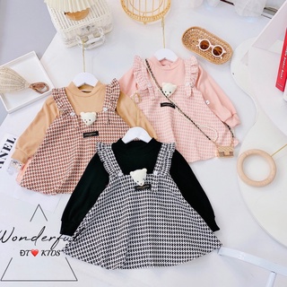 Váy dạ tay bèo gắn gấu trắng bé gái