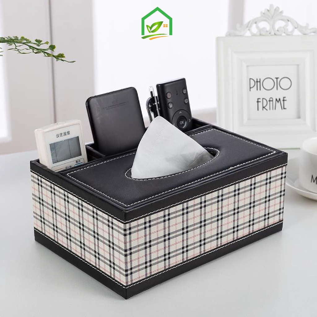 Hộp đựng giấy ăn bọc da kèm khay, Hộp giấy ăn da để điều khiển, điện thoại, bút tiện dụng sang trọng