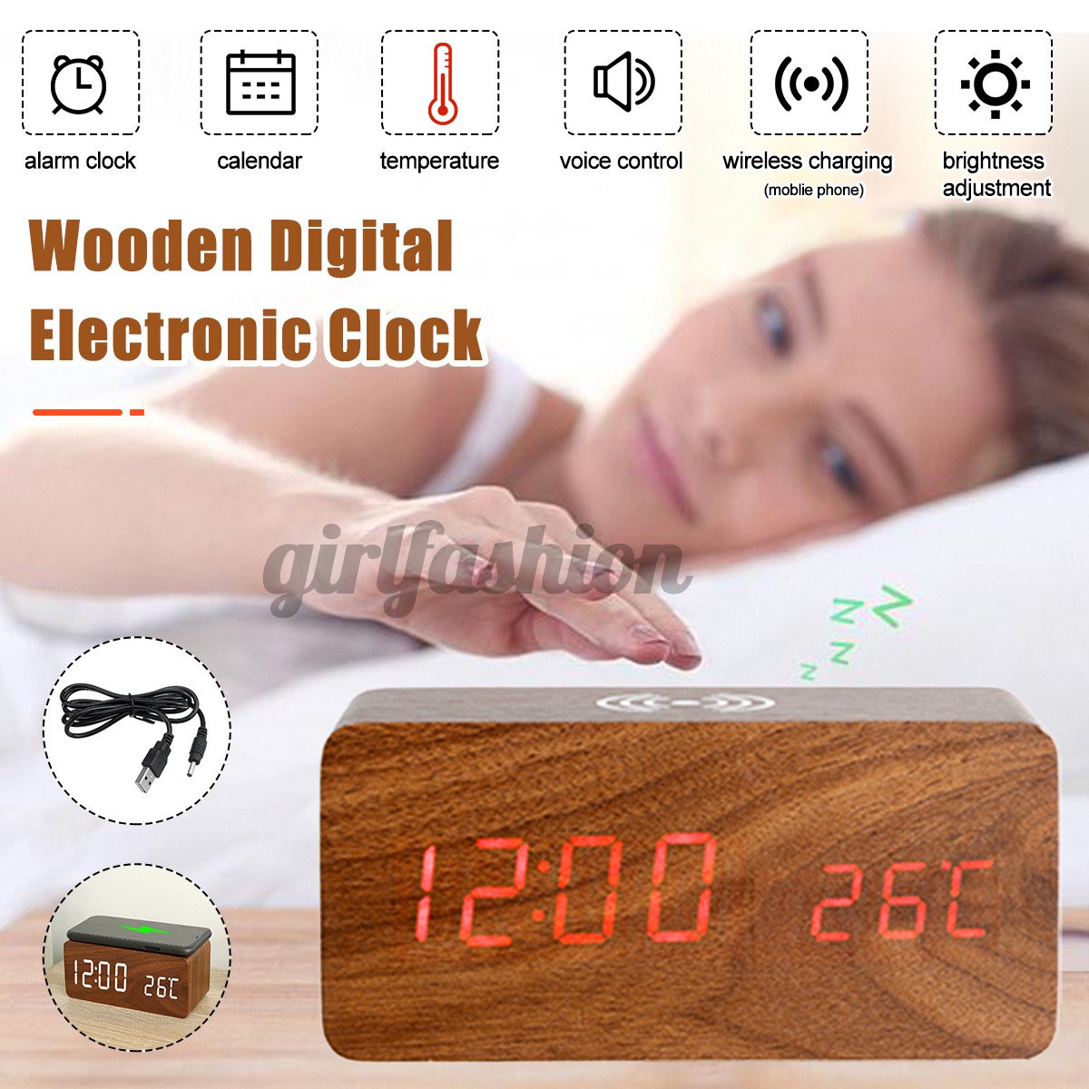 Wooden Digital Electronic Clock Alarm Clock With Wireless Charging Function