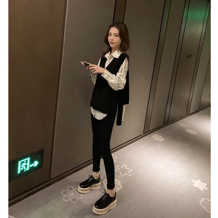 Set áo sơ mi + áo gile len không tay màu đen thời trang cổ điển cho nữ (có bán lẻ)