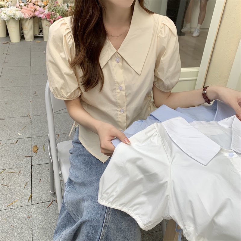 Áo Sơ Mi Tay Ngắn Dáng Ôm Phối Dây Buộc Thời Trang Mùa Hè Phong Cách Pháp Mới Cho Nữ