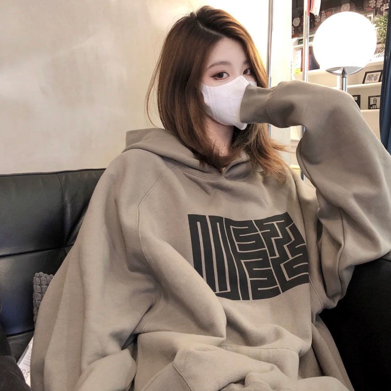 Áo Thun Cotton Chui Đầu Dáng Rộng Màu Xám Trơn In Họa Tiết Phong Cách Retro Mỹ Cho Nữ
