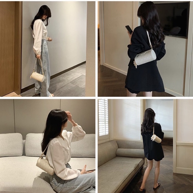 SẴN Túi Kẹp Nách Hình Trụ Màu Trắng Hai Dây Đeo Bản Đẹp