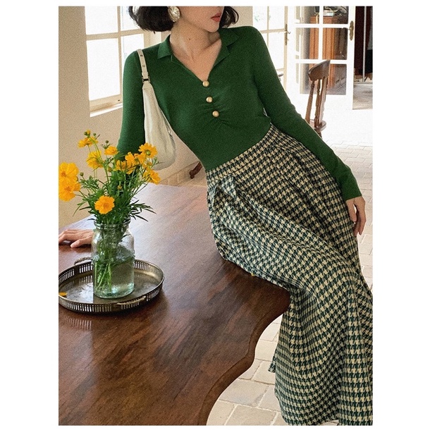 Chân váy midi chữ A hoạ tiết caro Vintage