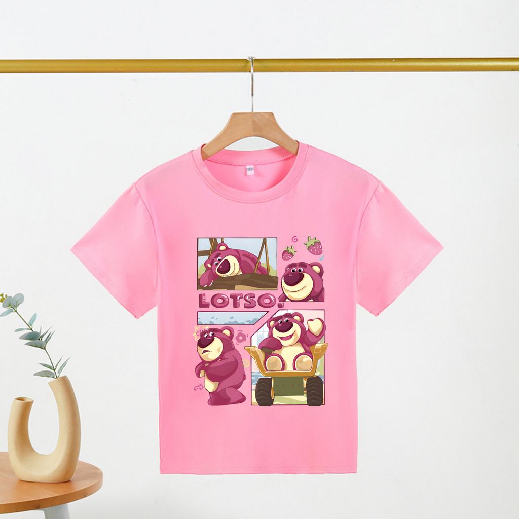 Áo Thun Cho Bé Màu Hồng In Hình Gấu Dâu Lotso Bear Bé Cực Thích