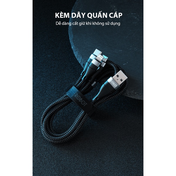 Cáp sạc nhanh đa năng 3in1 ROBOT RYT120 1.2m dây bện dù chống rối, tương thích iPhone iPad Android - Bảo hành chính hãng