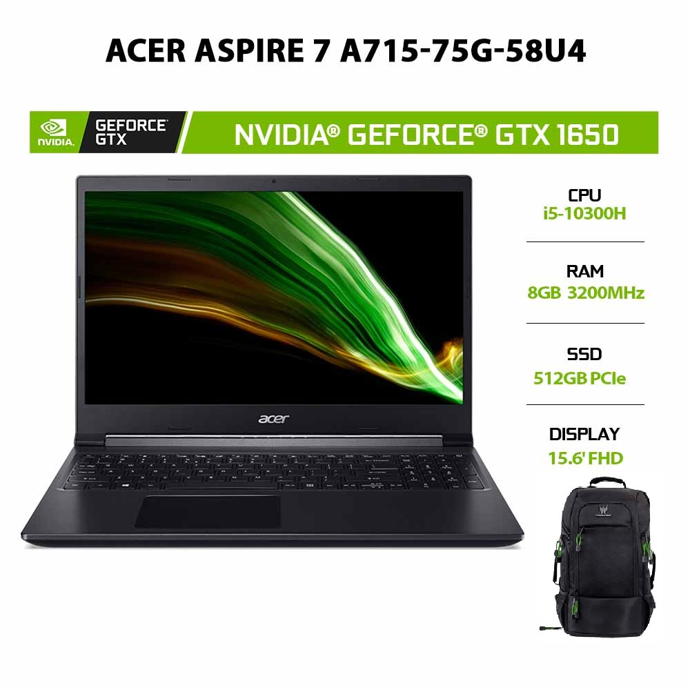 [ELBAU7 giảm 7%] Laptop Acer Aspire 7 A715-75G-58U4 i5-10300H|8GB|512GB|® GTX 1650 4GB|15.6' |W11