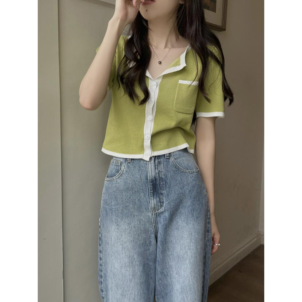 Áo Cardigan Dệt Kim Ngắn Tay Màu Sắc Tương Phản Thời Trang 63438