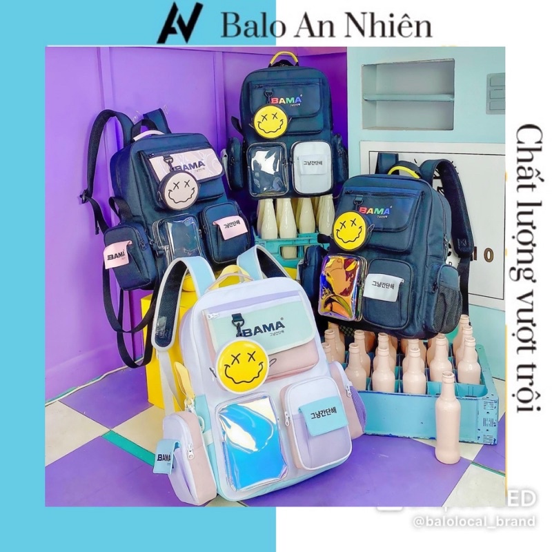 Bộ Sản Phẩm Balo Đi Học Local Brand Bama, Túi Tròn Mặt Cười, Túi Chéo Chống Nước (Full Tag Và Giấy Thơm)