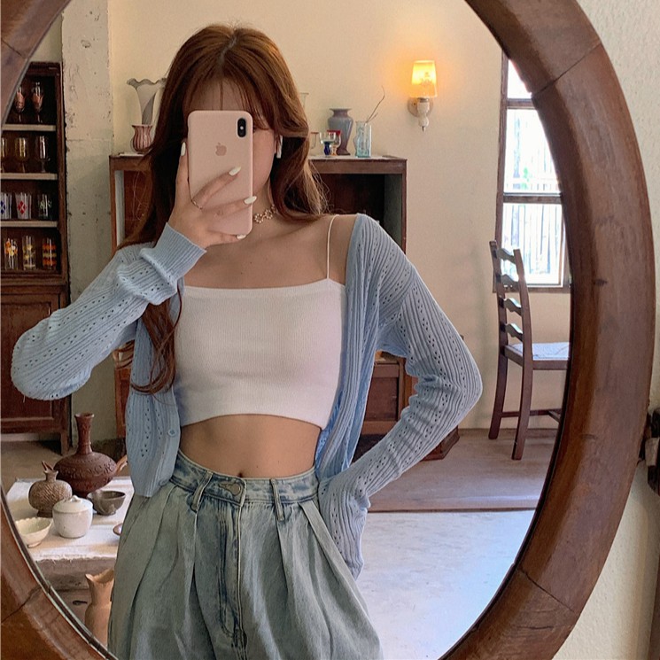 Xiaozhainv Áo hai dây dáng ngắn bó sát hở vai gợi cảm màu trơn