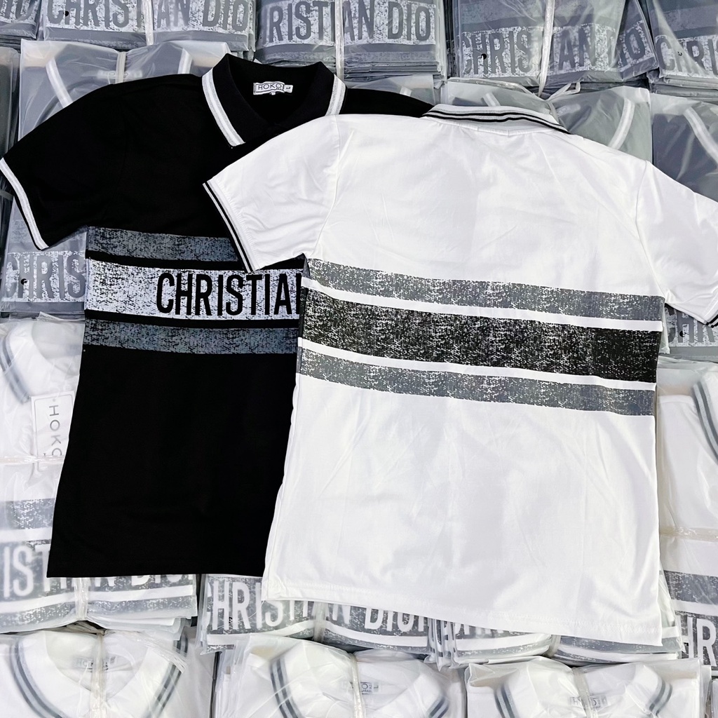 Áo thun nam nữ cổ trụ tay ngắn phối sọc kẻ ngang chữ DIO, bo viền tay cổ chất cotton thoáng mát thời trang hot mùa hè