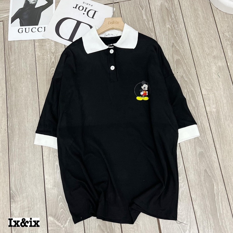 Áo Polo Cổ Bẻ Chuột Mickey Dáng Thụng Tay Lỡ