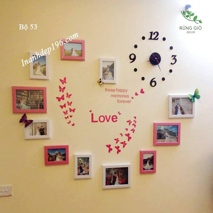 Khung ảnh treo tường trang trí phòng cưới - mã số 53 gồm 11 khung kèm đồng hồ và decal dán tường | BigBuy360 - bigbuy360.vn
