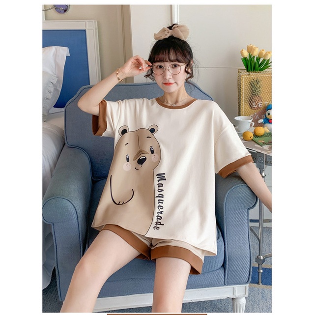Set Bộ Pijama Ngủ Nữ Hàn Quốc Cộc Tay Họa Tiết 3D Dáng Rộng Nhiều Màu Siêu Xinh