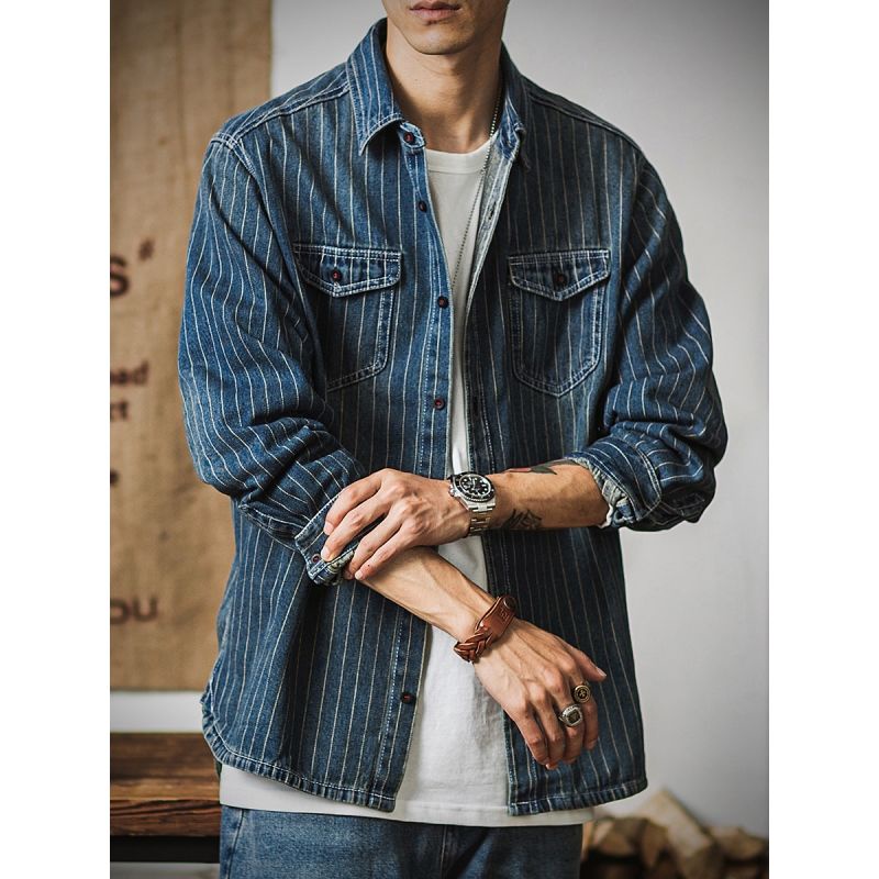 Áo Sơ Mi Denim Tay Dài Dáng Rộng Kẻ Sọc Kiểu Retro Mỹ Cá Tính Cho Nam