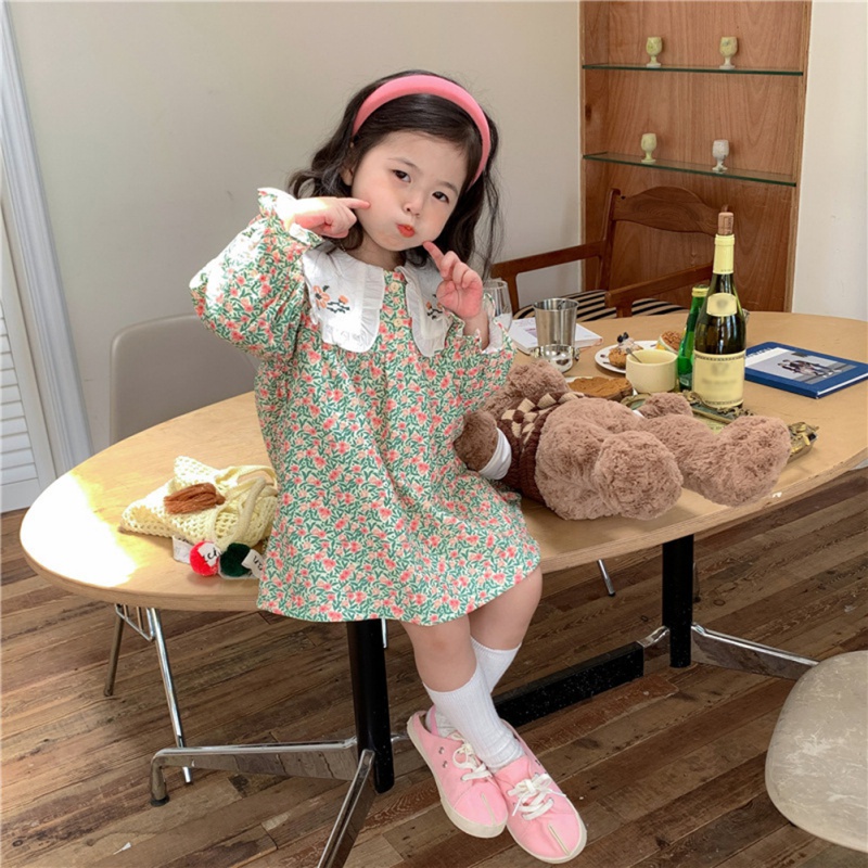 Đầm Công Chúa Tay Dài Thêu Hoa Cổ Búp Bê Thời Trang Mùa Thu Cho Bé Gái