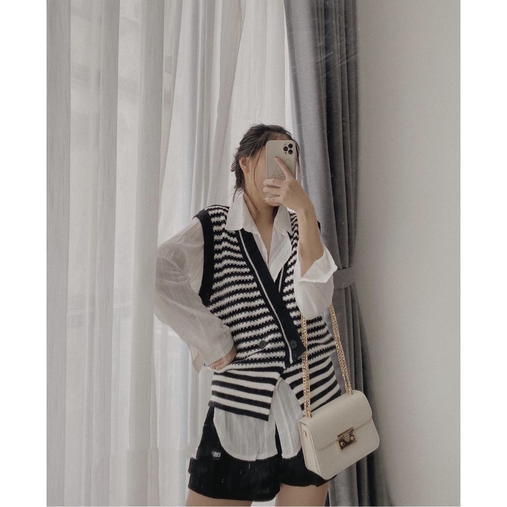 Áo Ghile len nữ , Áo len họa tiết kẻ ngang vạt dài Daski | BigBuy360 - bigbuy360.vn