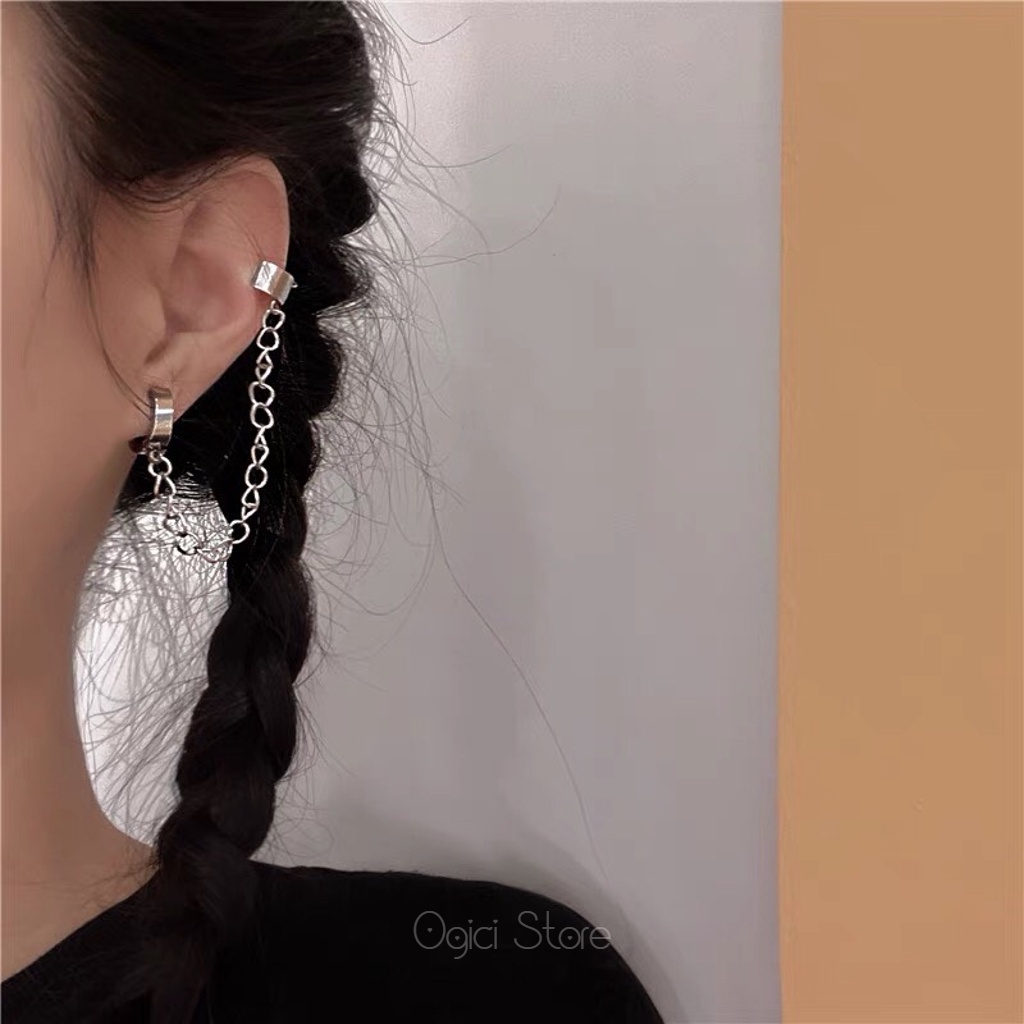 Bông tai, Khuyên tai nam nữ thép không gỉ phối chuỗi dây xích kẹp vành tai phong cách hiphop cá tính, Unisex, 1 chiếc