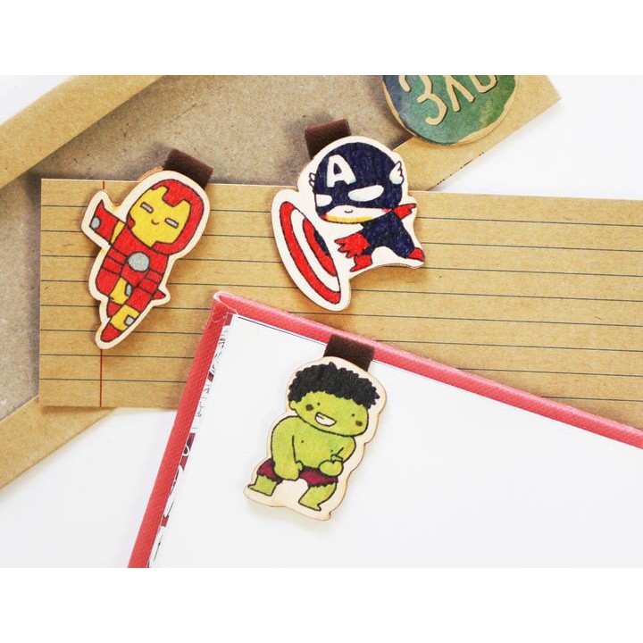 Set 3 Bookmark Gỗ Nam Châm Captain, Iron Man, Hulk