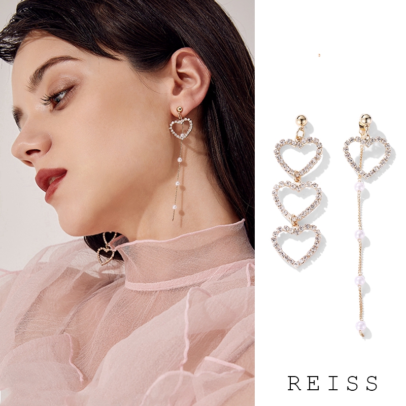 Khuyên Tai Dáng Dài Đính Kim Cương Trái Tim Phong Cách Hàn Quốc