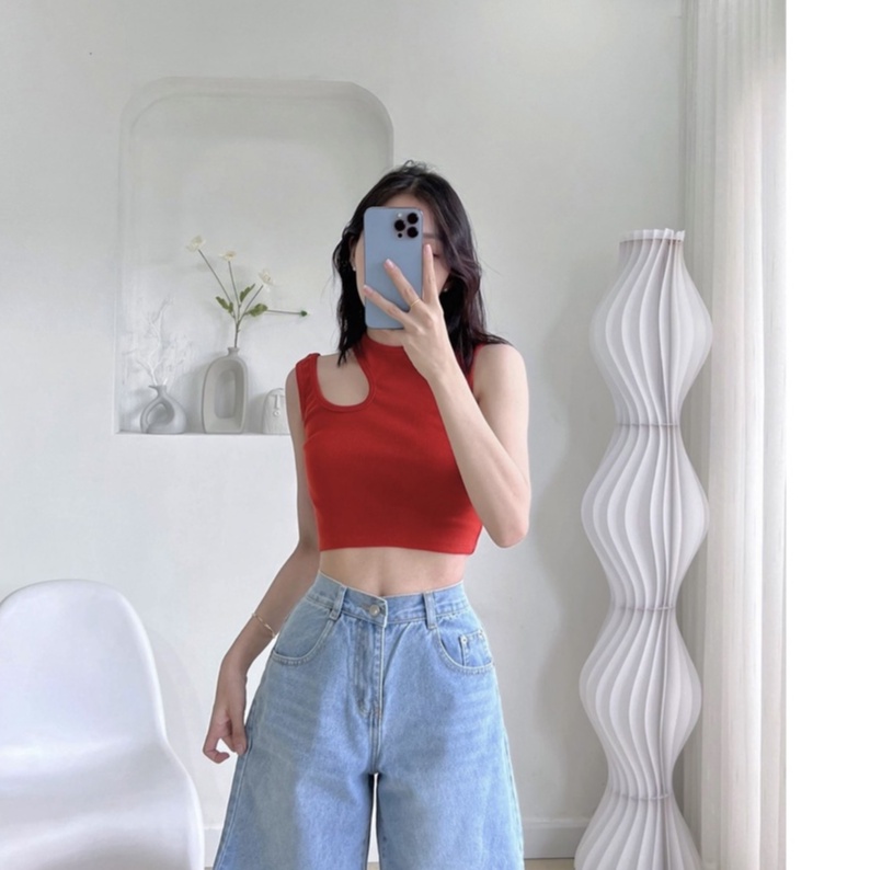 Áo croptop sát nách khoét vai ADO, chất thun gân co giãn cao cấp xinh xắn (mã CR1601)