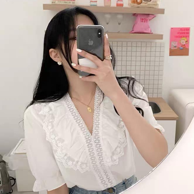 Áo kiểu nữ màu trắng cổ viền ren bèo ngắn tay cách điệu siêu xinh