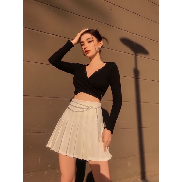 GILLBABY | Chân váy xếp ly lưng cao có quần bảo hộ kèm dây chain (TENNIS SKIRT)