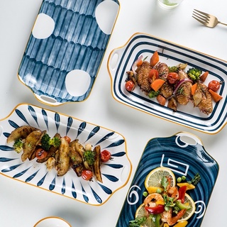 SẴN Đĩa sứ sâu lòng chữ nhật tay cầm set xanh Nhật đĩa bầu dục 2 quai đĩa chữ nhật 2 quai đĩa có tai