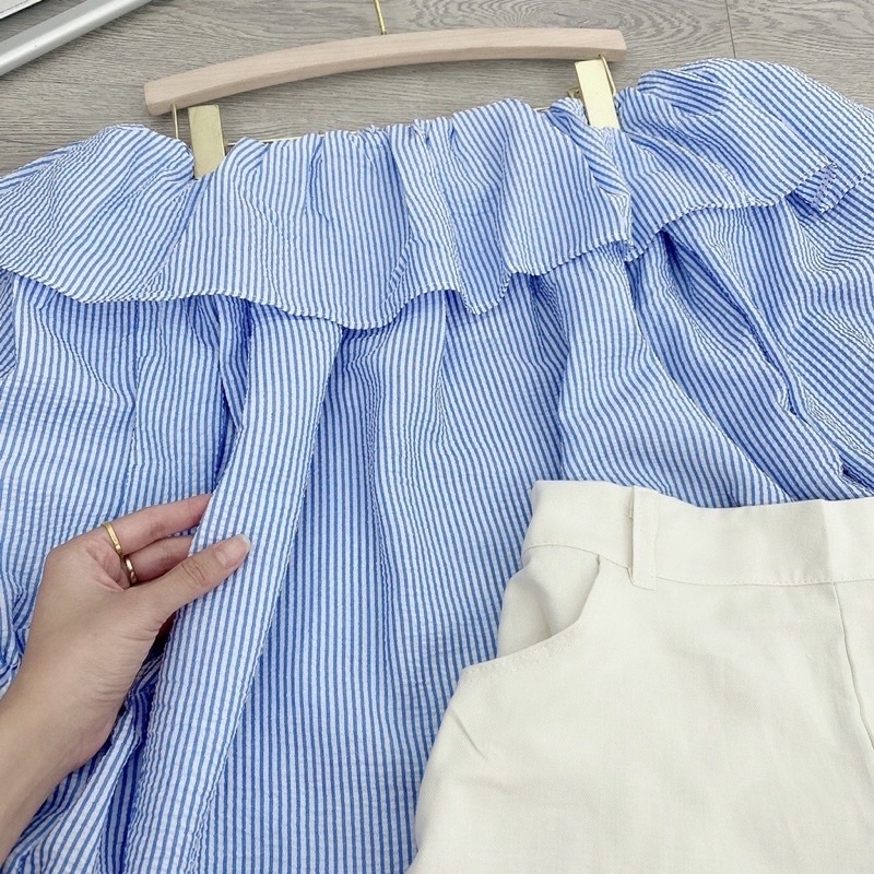 [SẴN/VIDEO] ÁO VÁY TRỄ VAI KẺ XANH BÈO TAY BO SIÊU XINH DỄ MẶC