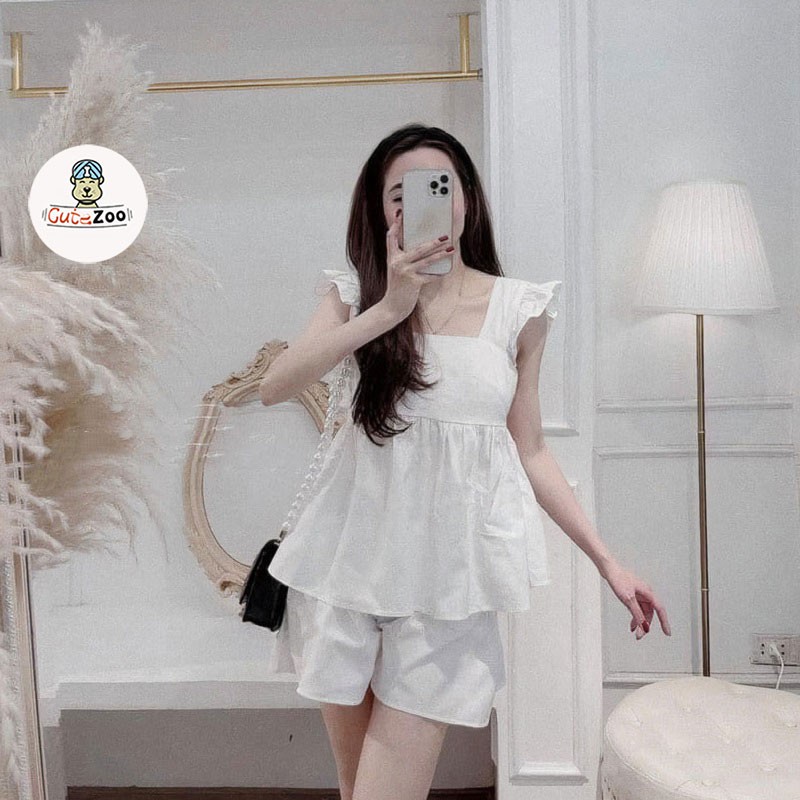 Set đũi cánh tiên babydoll VIETSTAR áo 2 dây bản to bèo cổ vuông và quần short chất đũi cạp chun mềm mát
