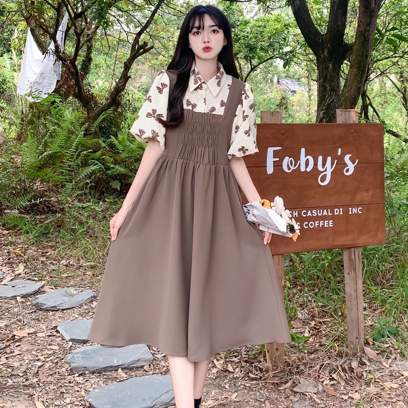 Đầm Giả Hai Mảnh Eo Co Giãn Phong Cách Preppy Pháp Thời Trang Mùa Hè