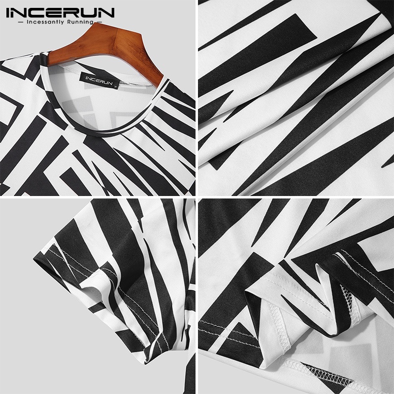 Áo thun lửng INCERUN tay ngắn họa tiết sọc ngựa vằn thời trang cho nam