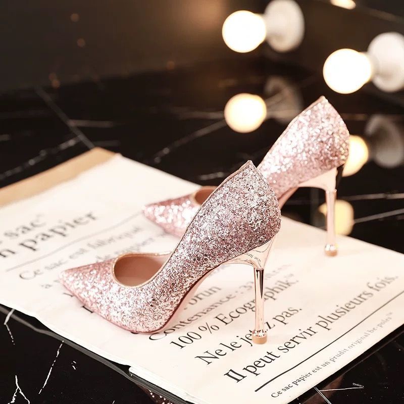 Giày Cao Gót Mũi Nhọn Đính Kim Tuyến Lấp Lánh Thời Trang Xuân Thu 2022 Cho Nữ