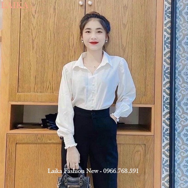 Áo sơ mi trắng nữ tay dài bo chun nhúm cổ bẻ form rộng vừa đi học làm công sở chất vải lụa mát kiểu áo sơ mi nữ tay dài