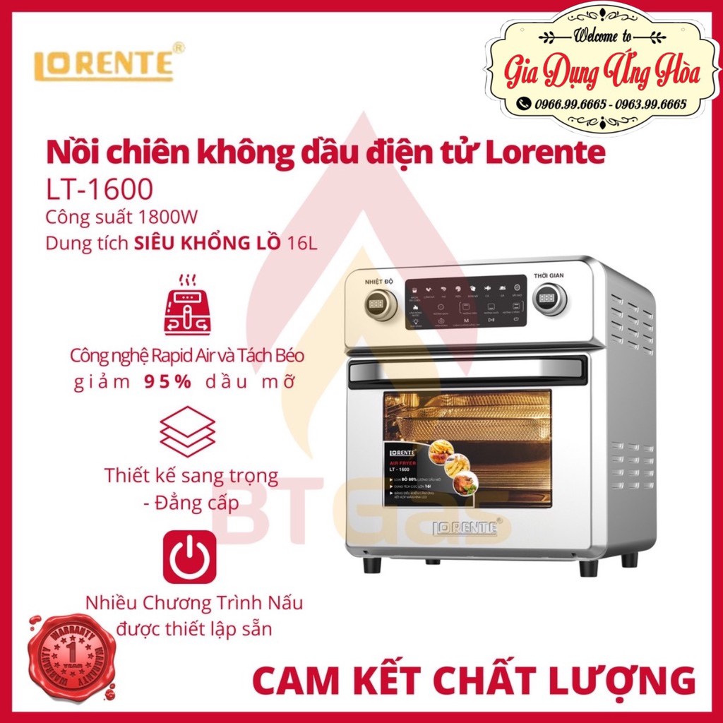 Nồi Chiên Không Dầu 16L Lorente LT 1600- Điều Khiển Cảm Ứng-8 Chế Độ Cài Đặt Sẵn