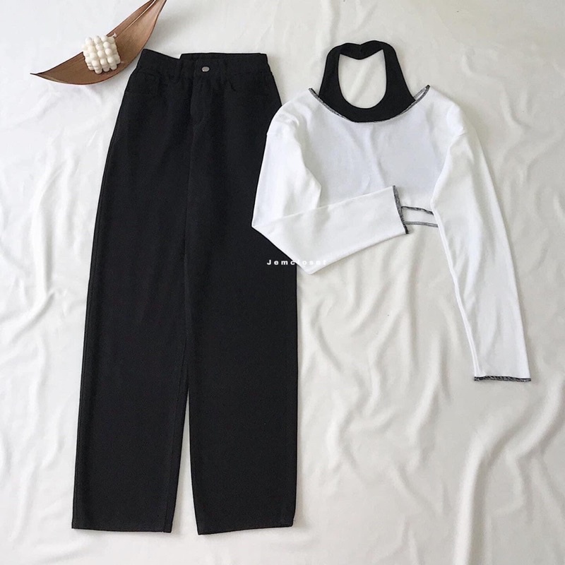 Set 3 món jean baggy đen+ croptop rua+ yếm trong TTS778