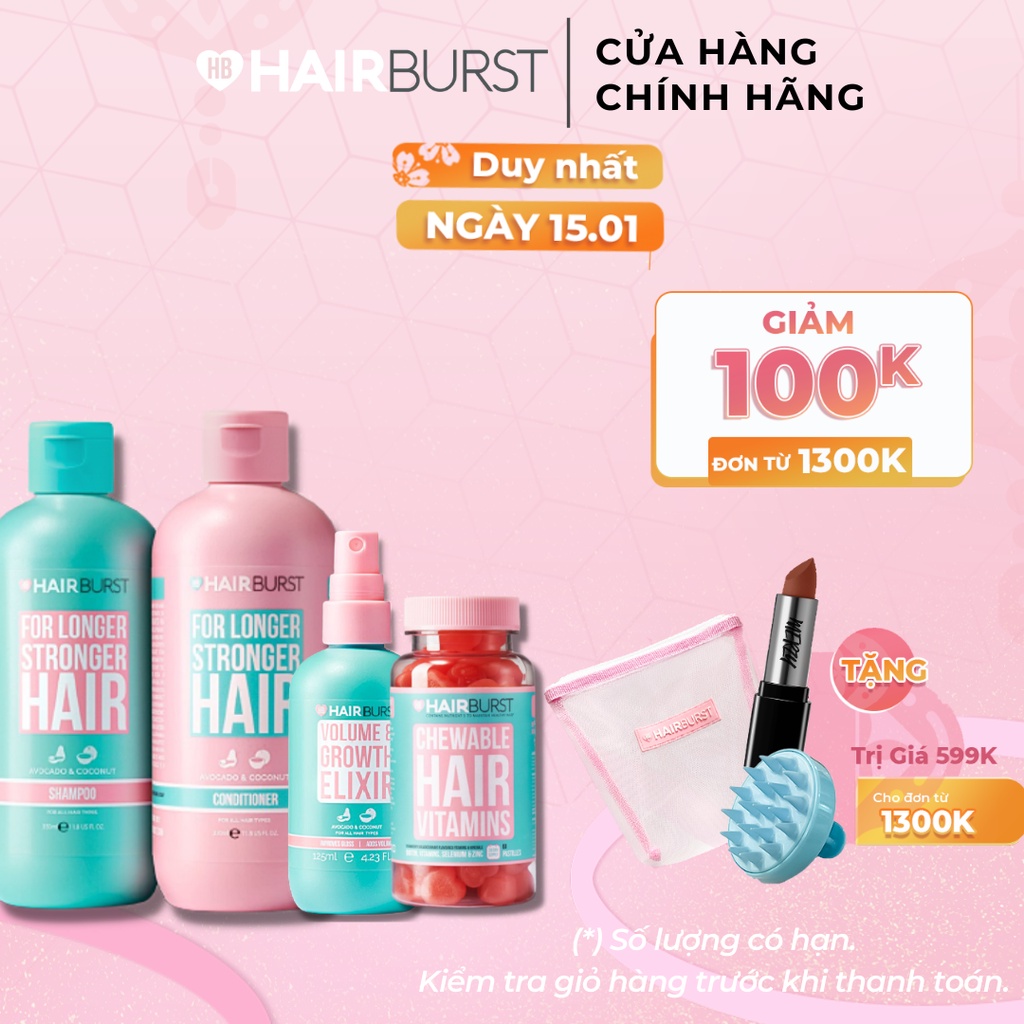 [Mã FMCGMALL2503 -10% đơn 500K] Combo Chăm sóc toàn diện HAIRBURST Dầu gội xả 350ml/chai + Xịt tóc125ml + Kẹo dẻo 60Viên