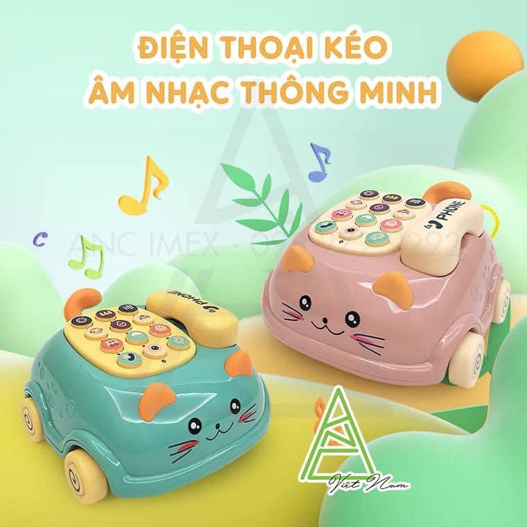 Đồ chơi điện thoại mô hình ô tô mèo con có nhạc và đèn giúp bé nhận diện các chức năng điện thoại