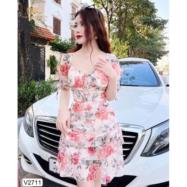V2711 váy voan hoa màu cam