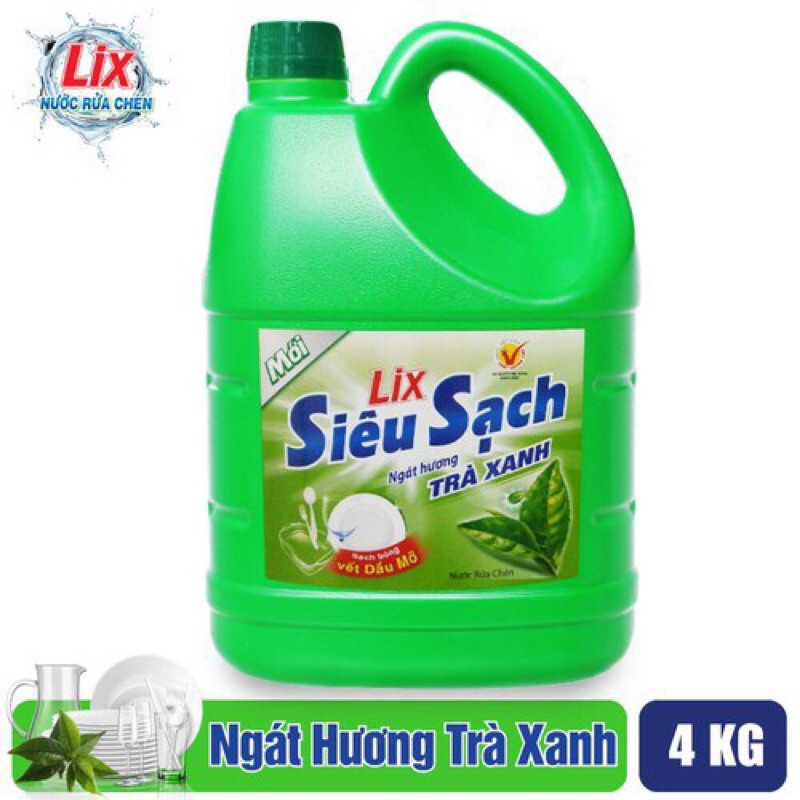 Nước rửa chén Lix siêu sạch trà xanh 4kg (3,92lit)