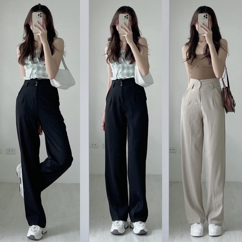 [Hàng Quảng Châu]Quần ống rộng”0565” loại 1 thiết kế 2 cúc đỉa to hàng Quảng Cháu Quần ống rộng chất mướt Hàn Quốc