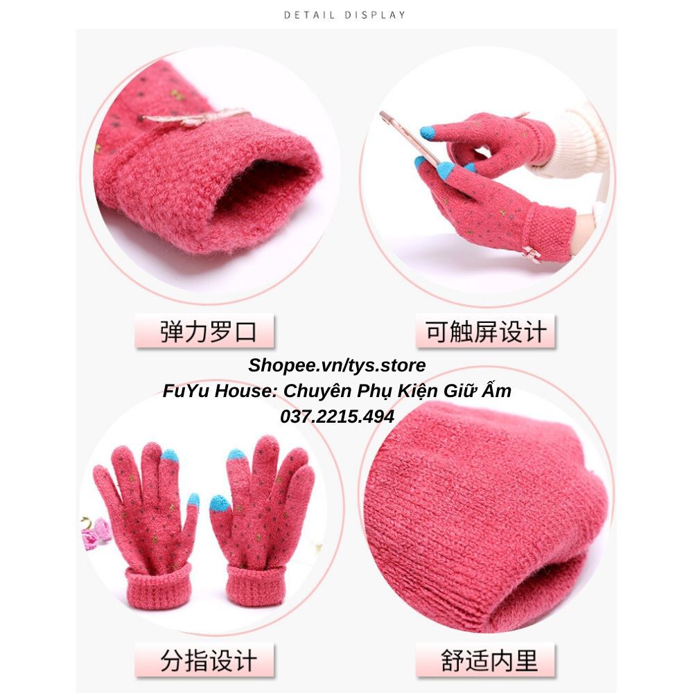 Găng tay len nữ chấm bi nơ dễ thương giữ ấm thu đông phong cách Hàn Quốc - FuYu House